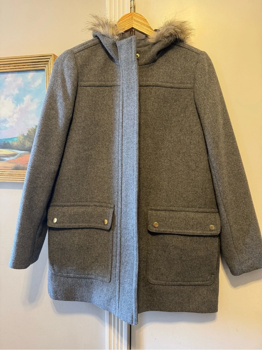 J. CREW MERCANTILE VAIL PARKA COAT HEATHER GREY FAUX FUR HOOD WOOL BLEND